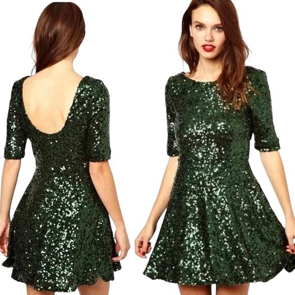 French Connection : Ozlem Green Sequin Short Skater Dress A-Line : 6 - Picture 2 of 11
